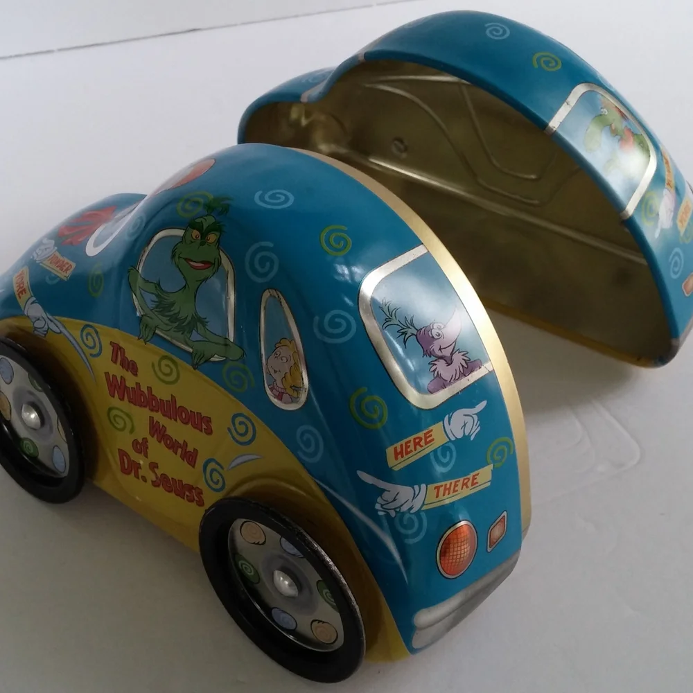 Vintage Dr. Seuss Themed Blue and Yellow Tin Toy Car